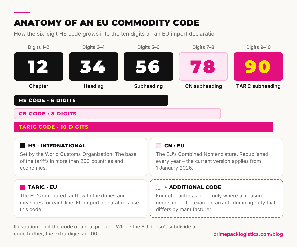 Anatomy of an EU commodity code: digits 1–2 are the chapter, 3–4 the heading and 5–6 the subheading of the six-digit HS code, digits 7–8 complete the eight-digit CN code and digits 9–10 the ten-digit TARIC code, with an optional four-character additional code