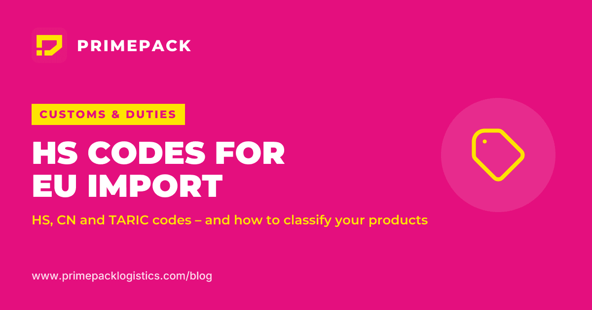 Cover graphic for a guide to HS codes for EU import: the title on a magenta background next to a large tag icon