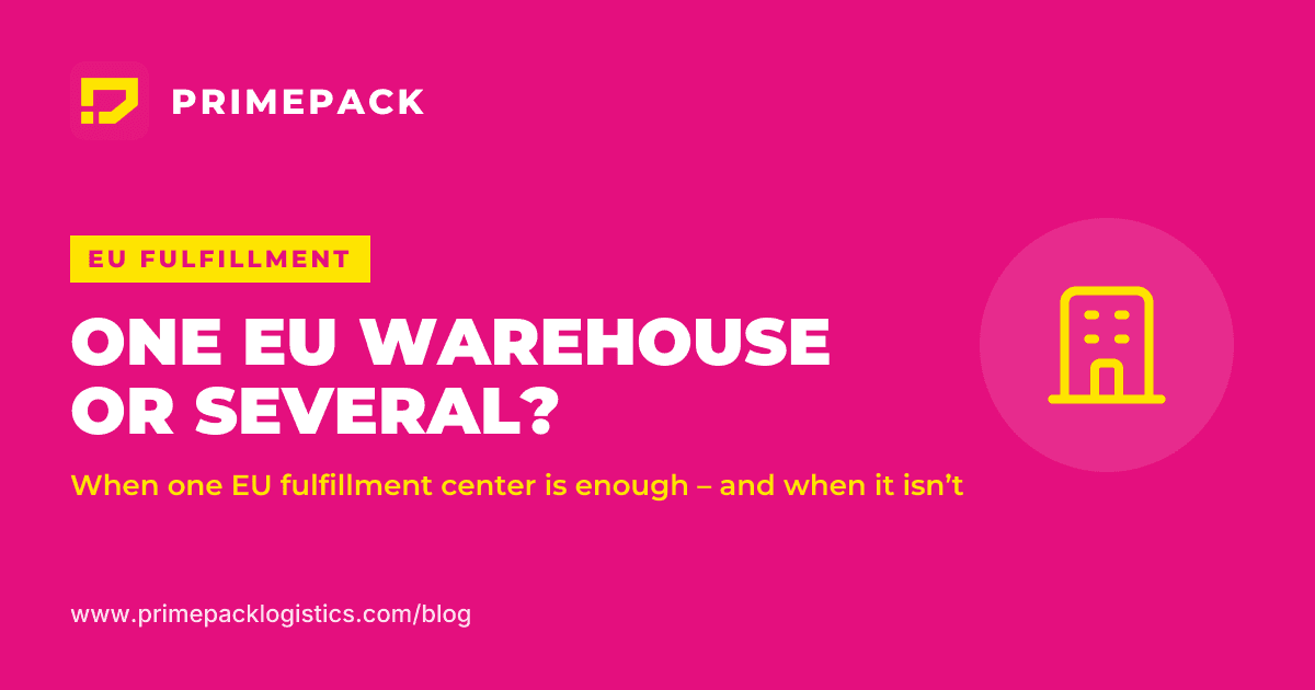 Cover graphic titled One EU warehouse or several? on a magenta background next to a warehouse icon