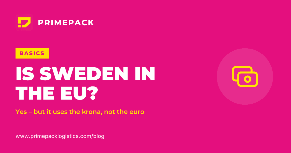 Cover graphic asking Is Sweden in the EU? on a magenta background, with a currency icon and the answer: yes, but it uses the krona